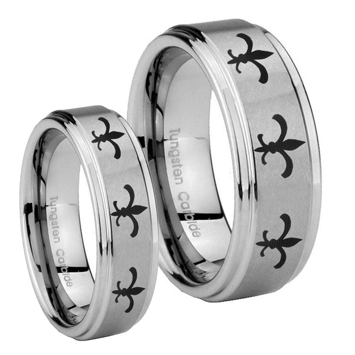 Multiple Fleur De Lis Step Edges Brushed Tungsten Couple Wedding Rings