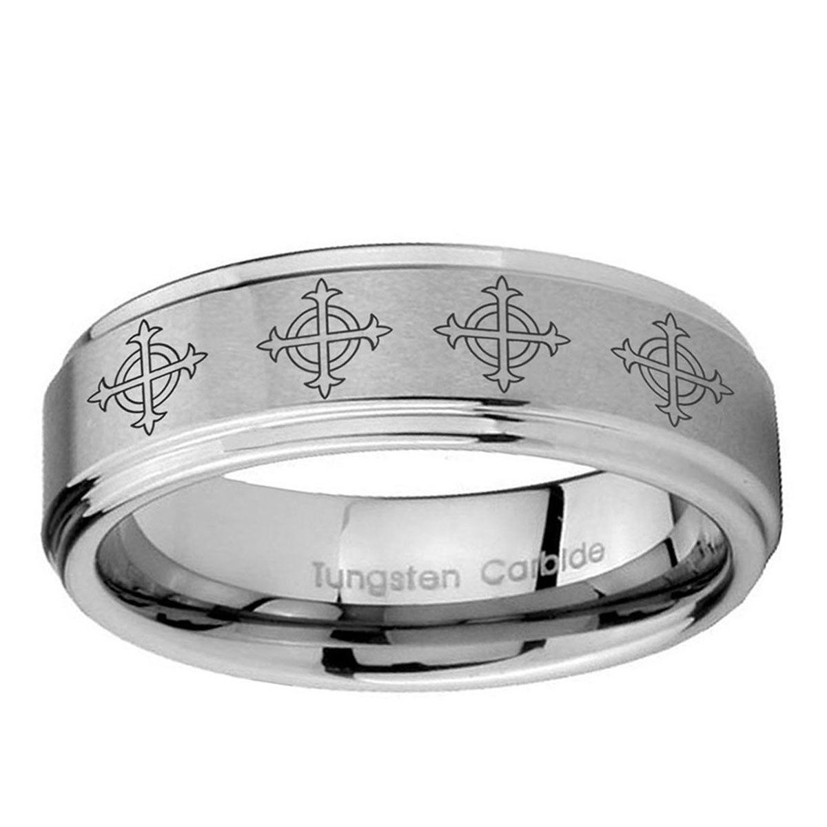 10mm Multiple Crosses Step Edge Brushed Tungsten Ring
