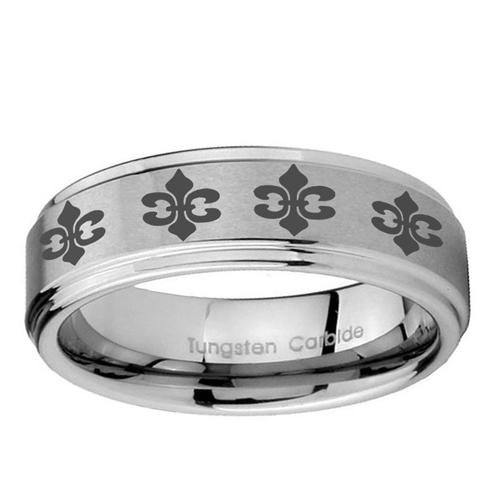 5mm Multiple Fleur-De-Lis Step Edge Silver Tungsten Ring