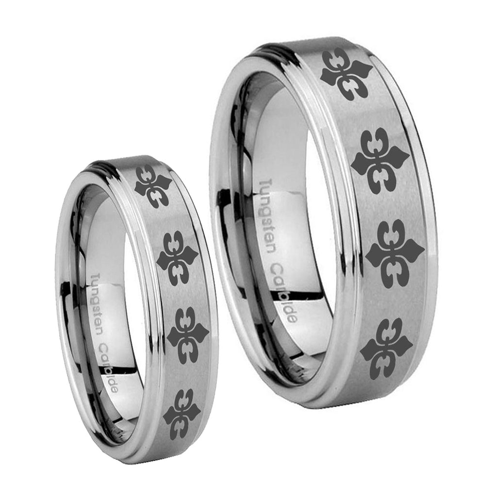 Multiple Fleur De Lis Step Edges Brushed Tungsten Bridal Set Rings