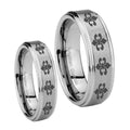 Multiple Fleur De Lis Step Edges Brushed Tungsten Bridal Set Rings