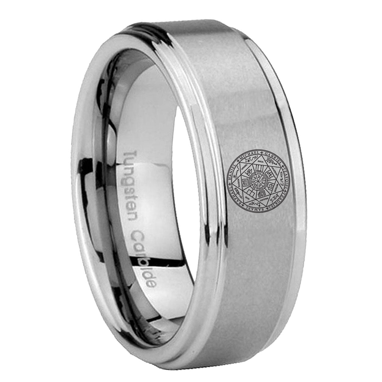 8mm Seal of Seven Archangel Step Edge Silver Ring Engraved