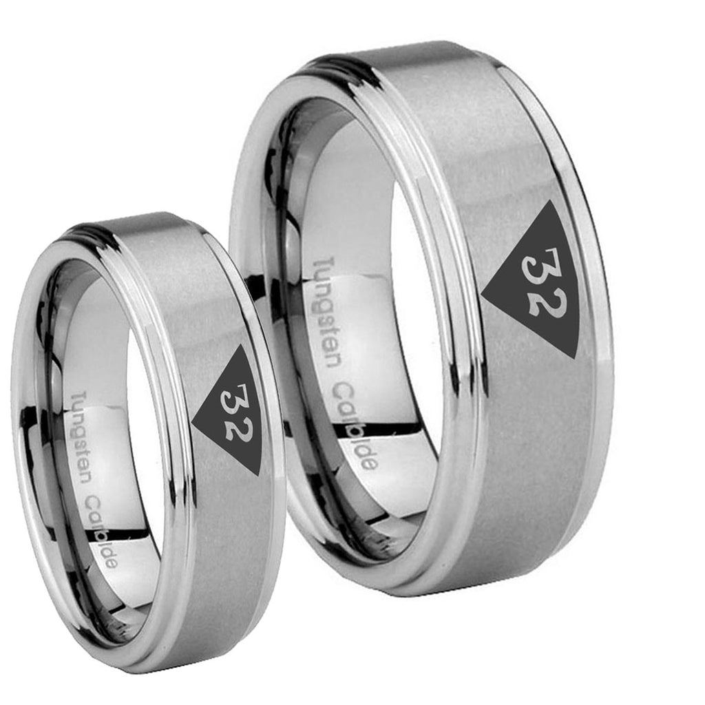 Masonic 32 Triangle Design Freemason Step Edges Brushed Tungsten Bridal Ring Set