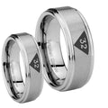 Masonic 32 Triangle Design Freemason Step Edges Brushed Tungsten Bridal Ring Set