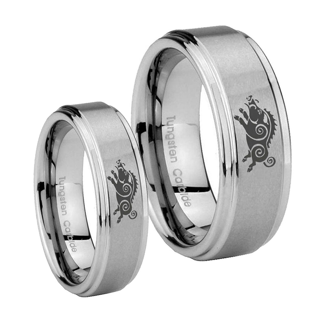 Wild Boar Step Edges Brushed Tungsten Wedding Ring Sets