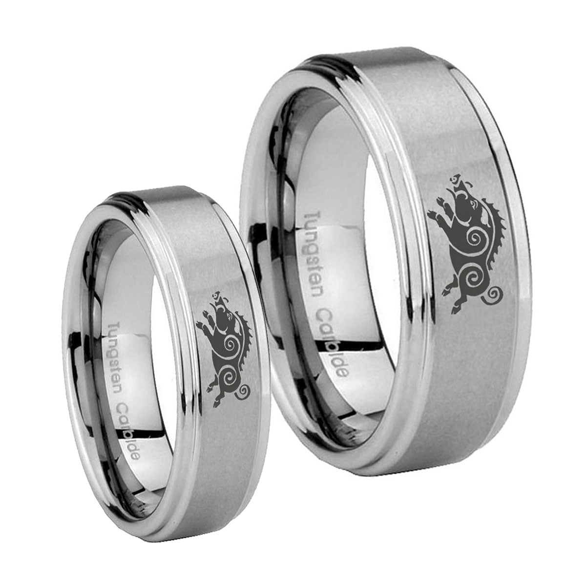 Wild Boar Step Edges Brushed Tungsten Wedding Ring Sets
