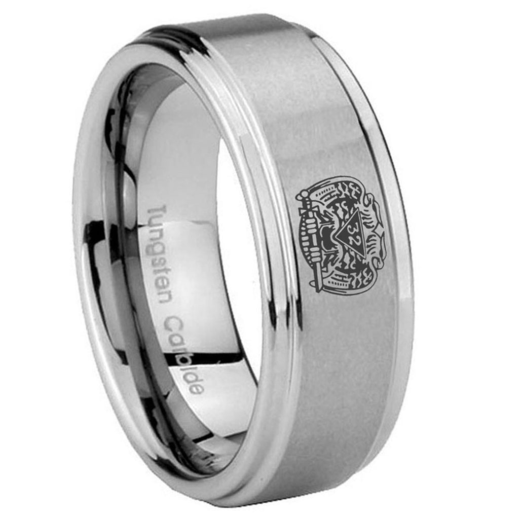 8mm Masonic 32 Degree Freemason Step Edge Silver Tungsten Band