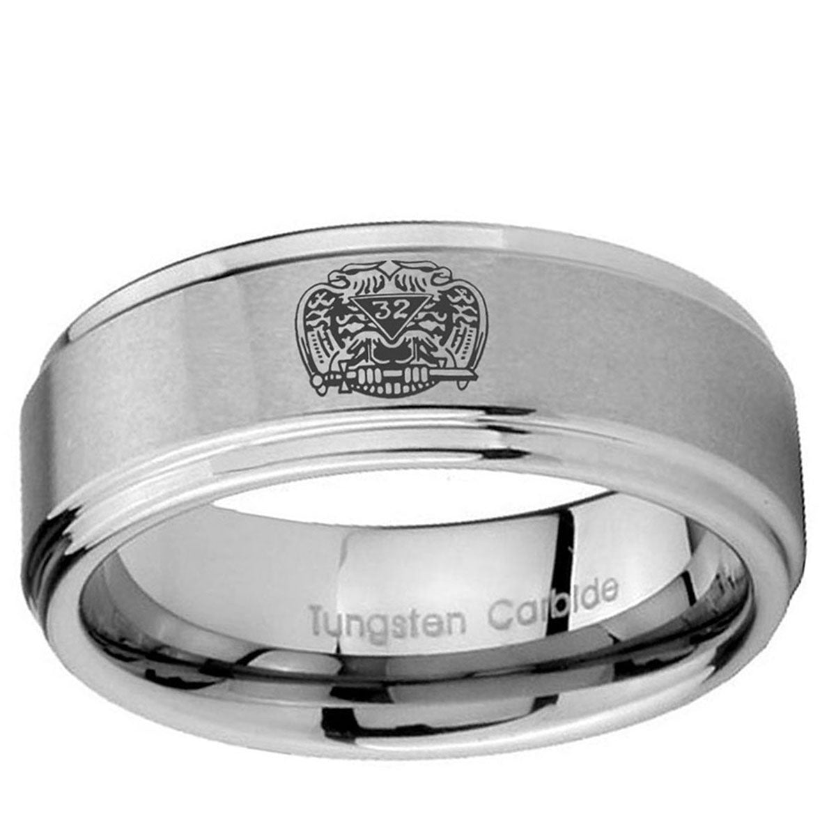 10mm Masonic 32 Degree Freemason Step Edge Brushed Tungsten Ring