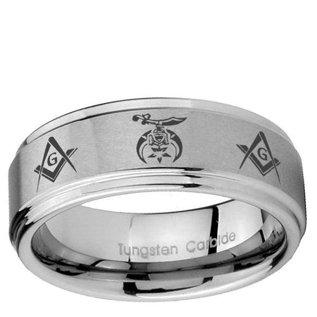 5mm Masonic Shriners Step Edges Brushed Silver Tungsten Ring