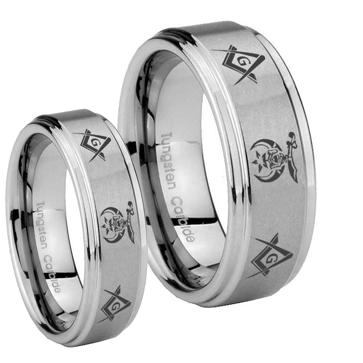 Masonic Shriners Step Edges Brushed Tungsten Wedding Ring Set
