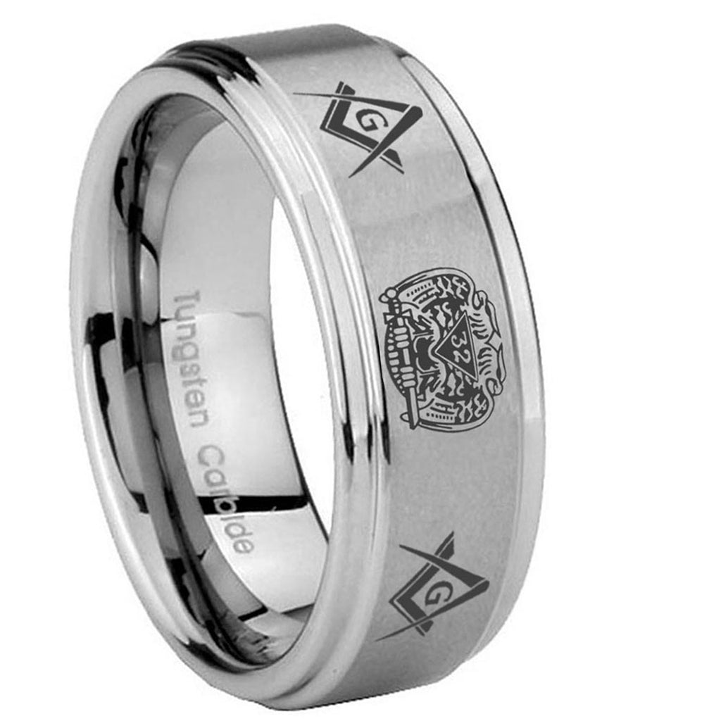 10mm Masonic 32 Design Step Edges Brushed Tungsten Carbide Mens Wedding Band