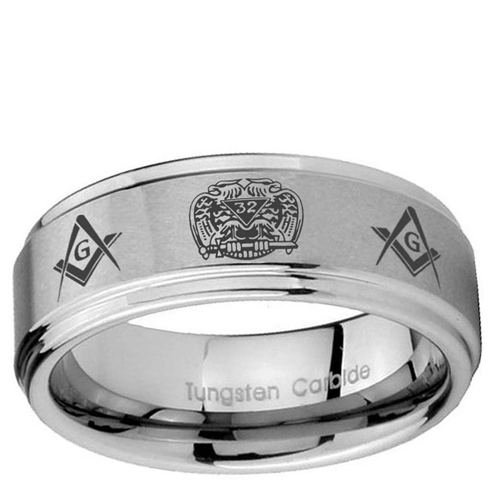 10mm Masonic 32 Design Step Edge Brushed Tungsten Ring