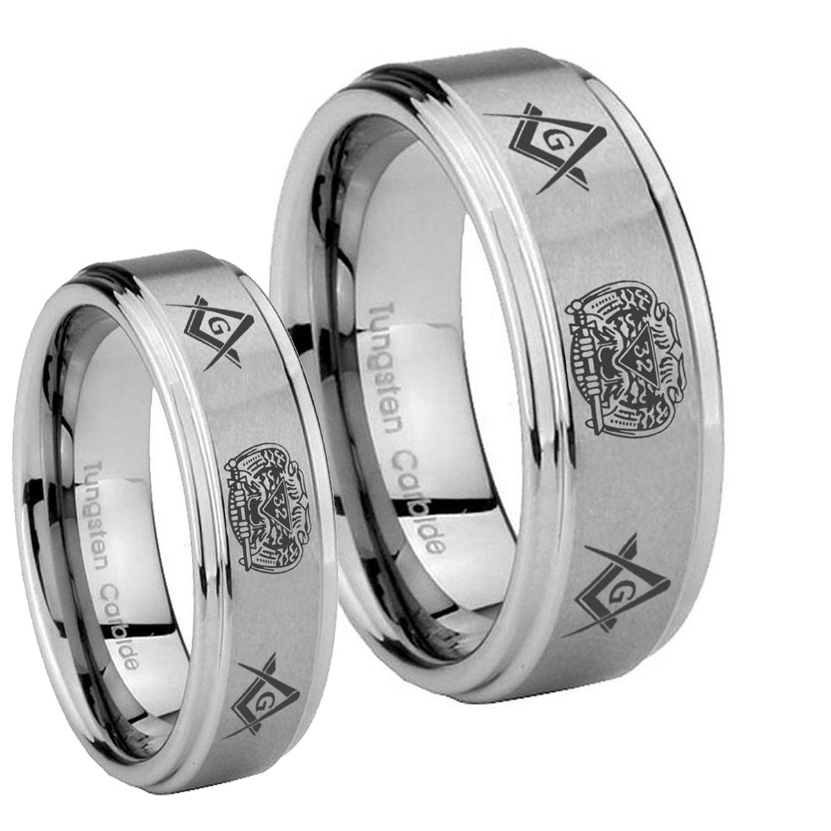 Masonic 32 Design Step Edges Brushed Tungsten Mens Set Ring