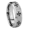8mm Multiple Maltese Cross Step Edge Silver Tungsten Ring
