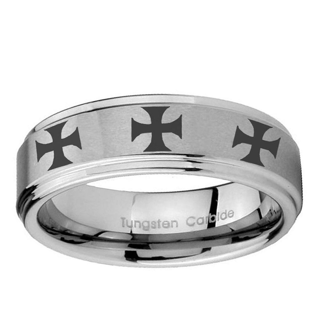 5mm Multiple Maltese Cross Step Edge Silver Tungsten Ring