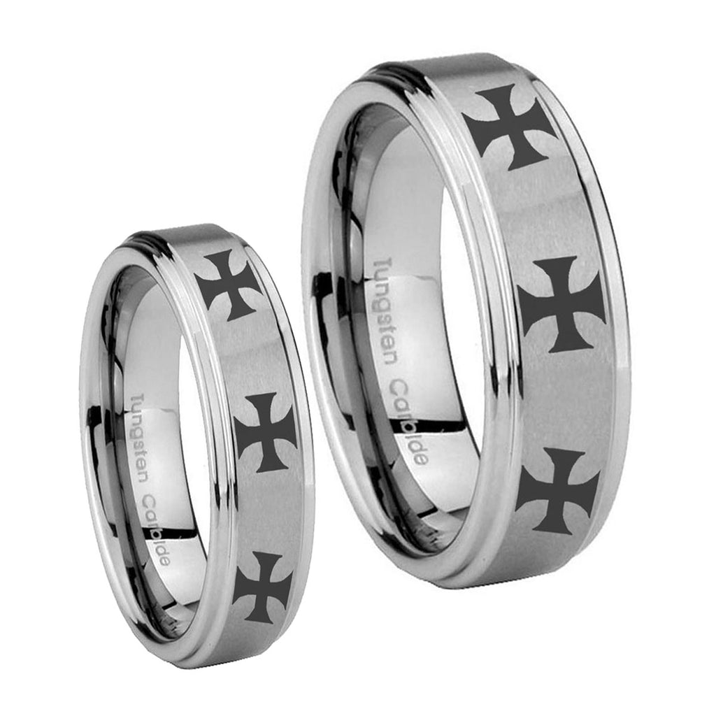 Multiple Maltese Cross Step Edges Brushed Tungsten Mens Set Ring