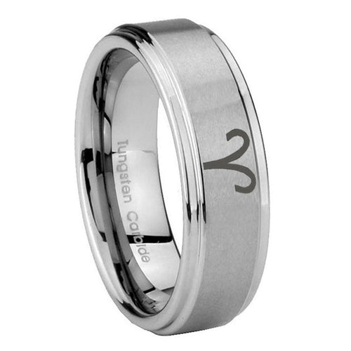 8mm Aries Zodiac Step Edges Brushed Silver Tungsten Ring