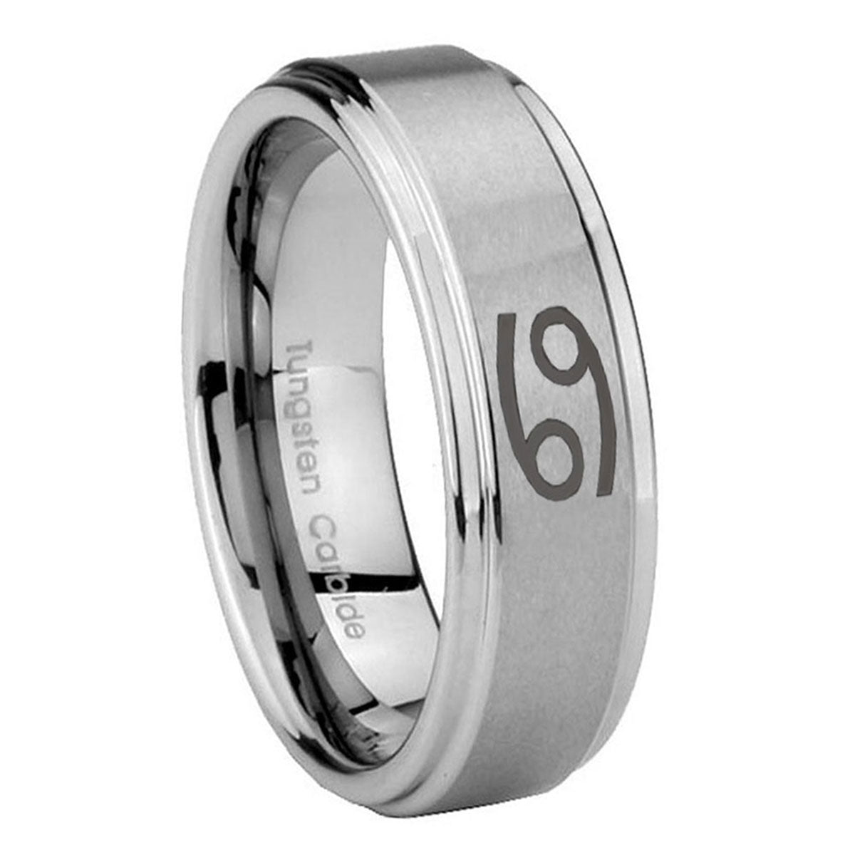 8mm Cancer Horoscope Step Edges Brushed Silver Tungsten Ring