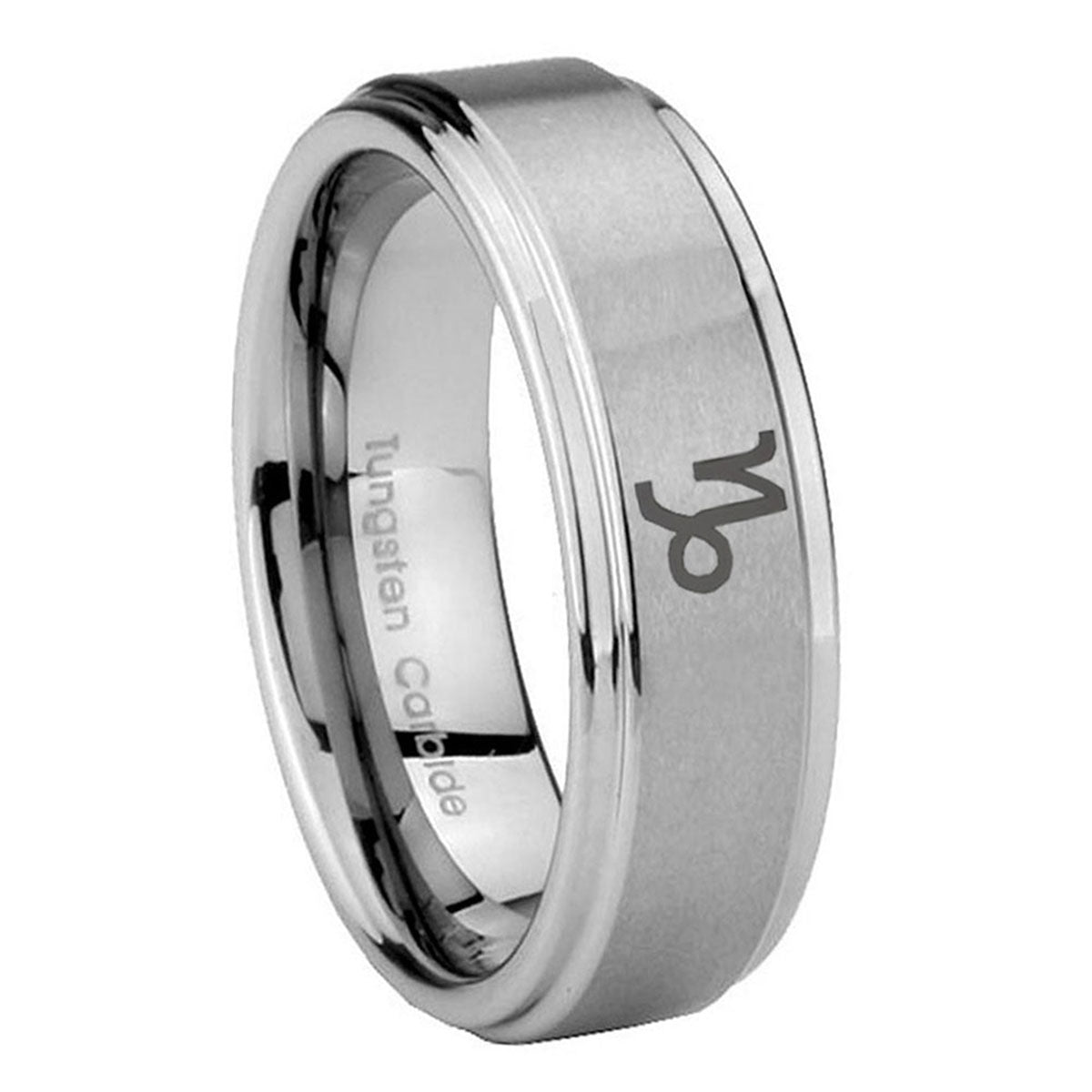 8mm Capricorn Zodiac Step Edges Brushed Silver Tungsten Ring