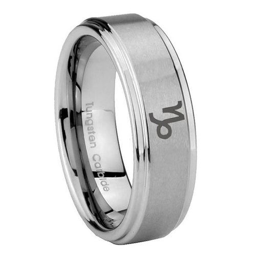 8mm Capricorn Zodiac Step Edges Brushed Silver Tungsten Ring