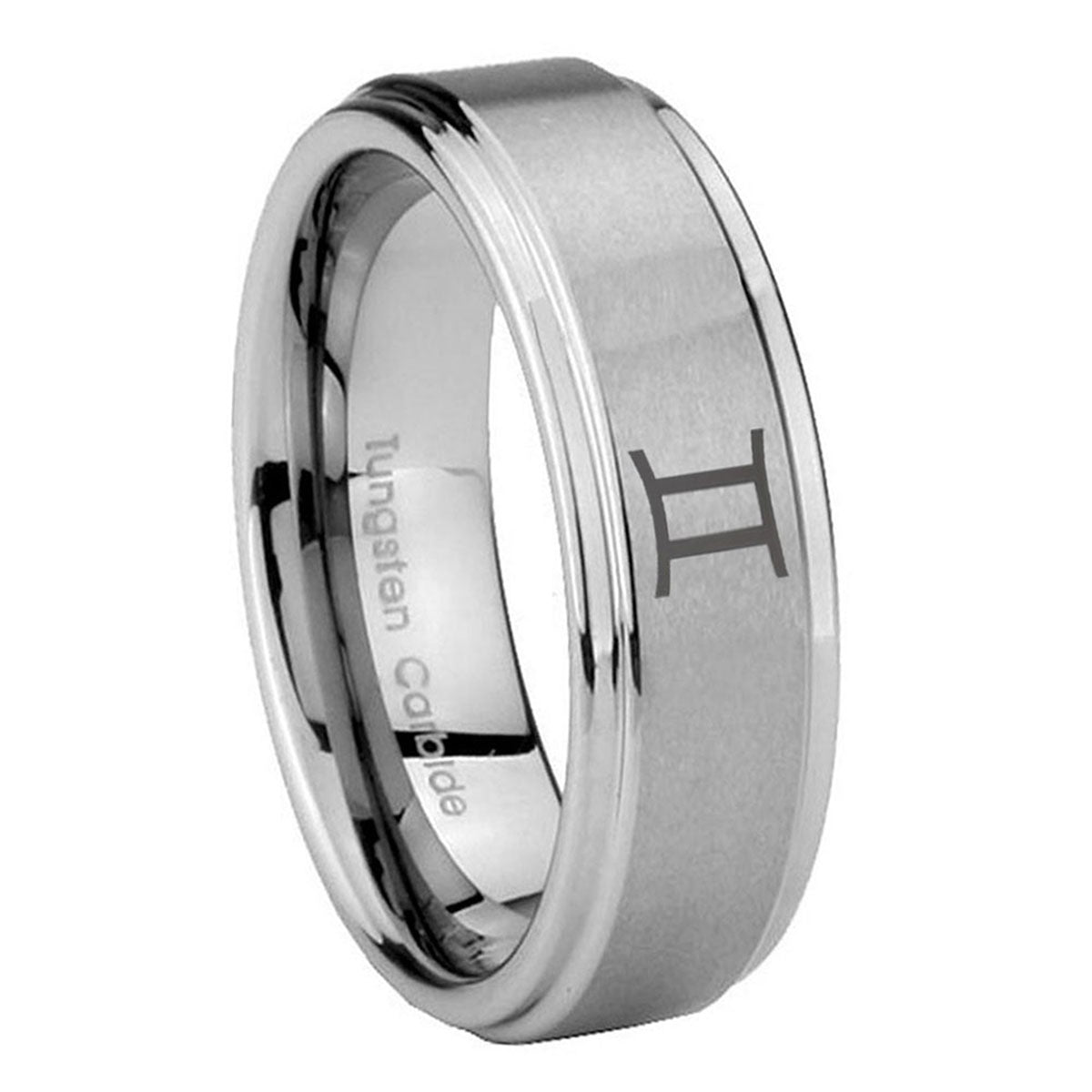 8mm Gemini Zodiac Step Edges Brushed Silver Tungsten Ring