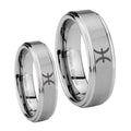 Pisces Zodiac Step Edges Brushed Tungsten Couple Band Set