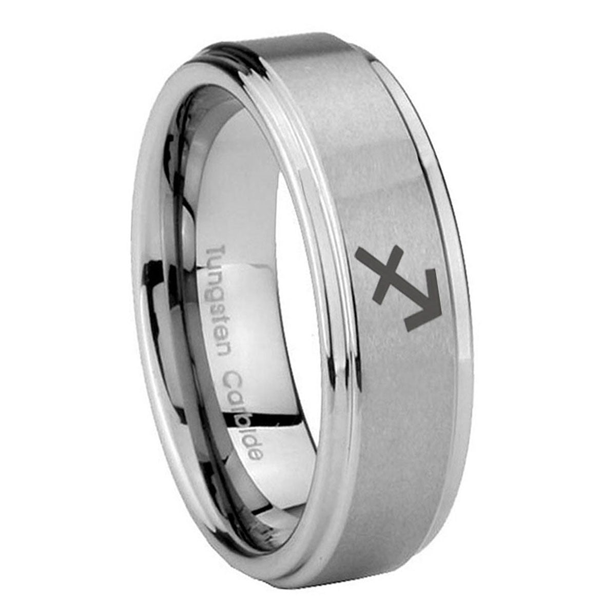 8mm Sagittarius Zodiac Step Edge Brushed Silver Tungsten Band