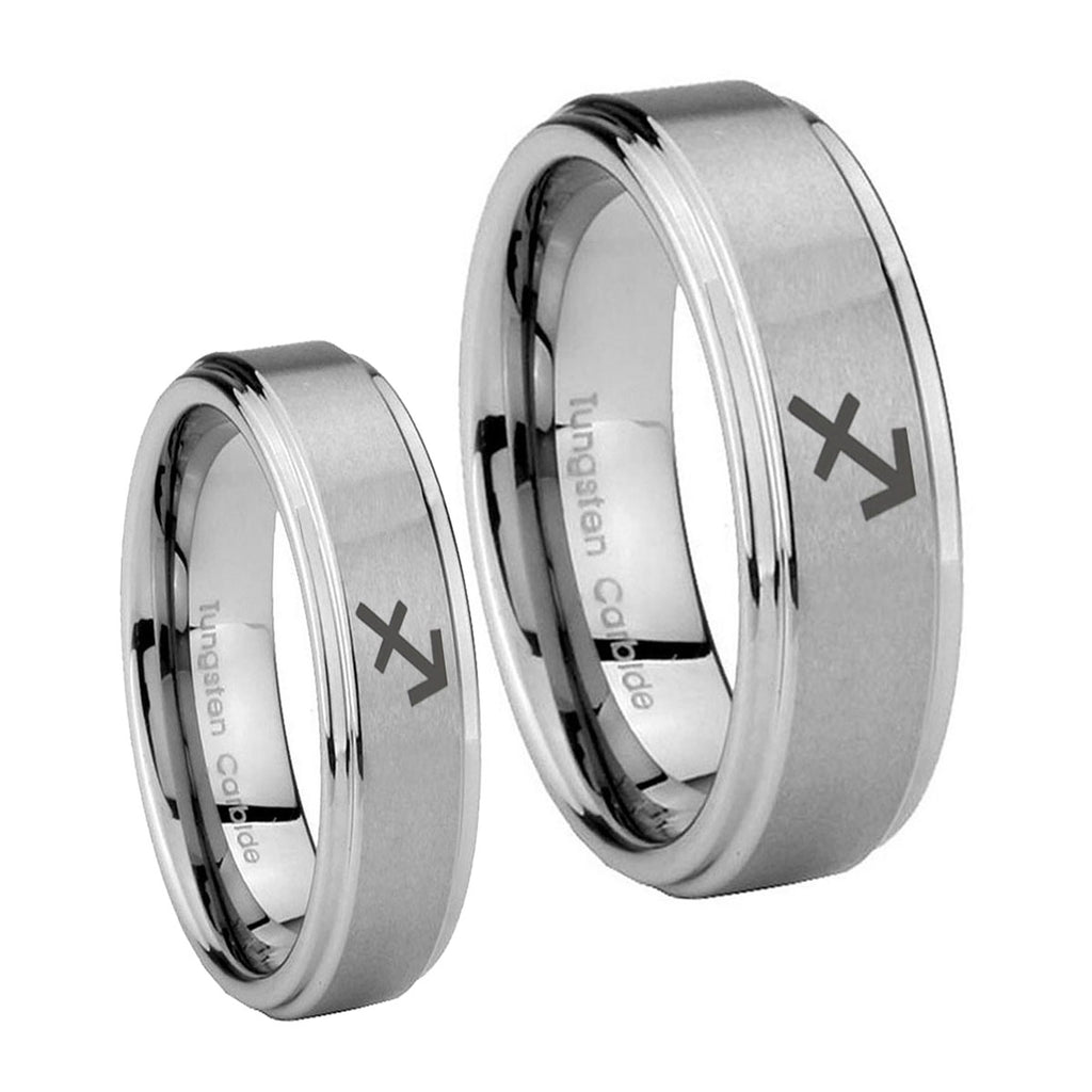 Sagittarius Zodiac Step Edges Brushed Tungsten Engagement Ring Set