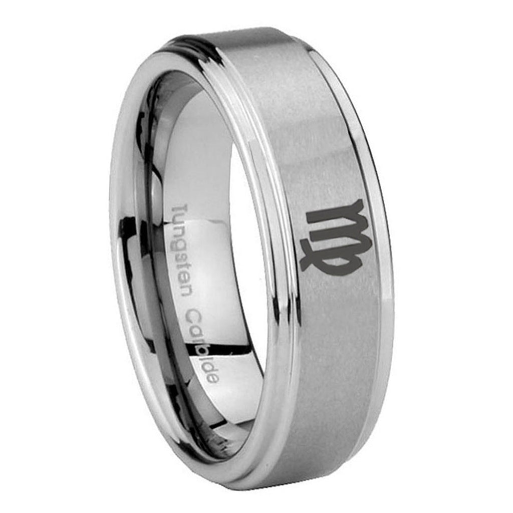 8mm Virgo Zodiac Step Edges Brushed Silver Tungsten Ring