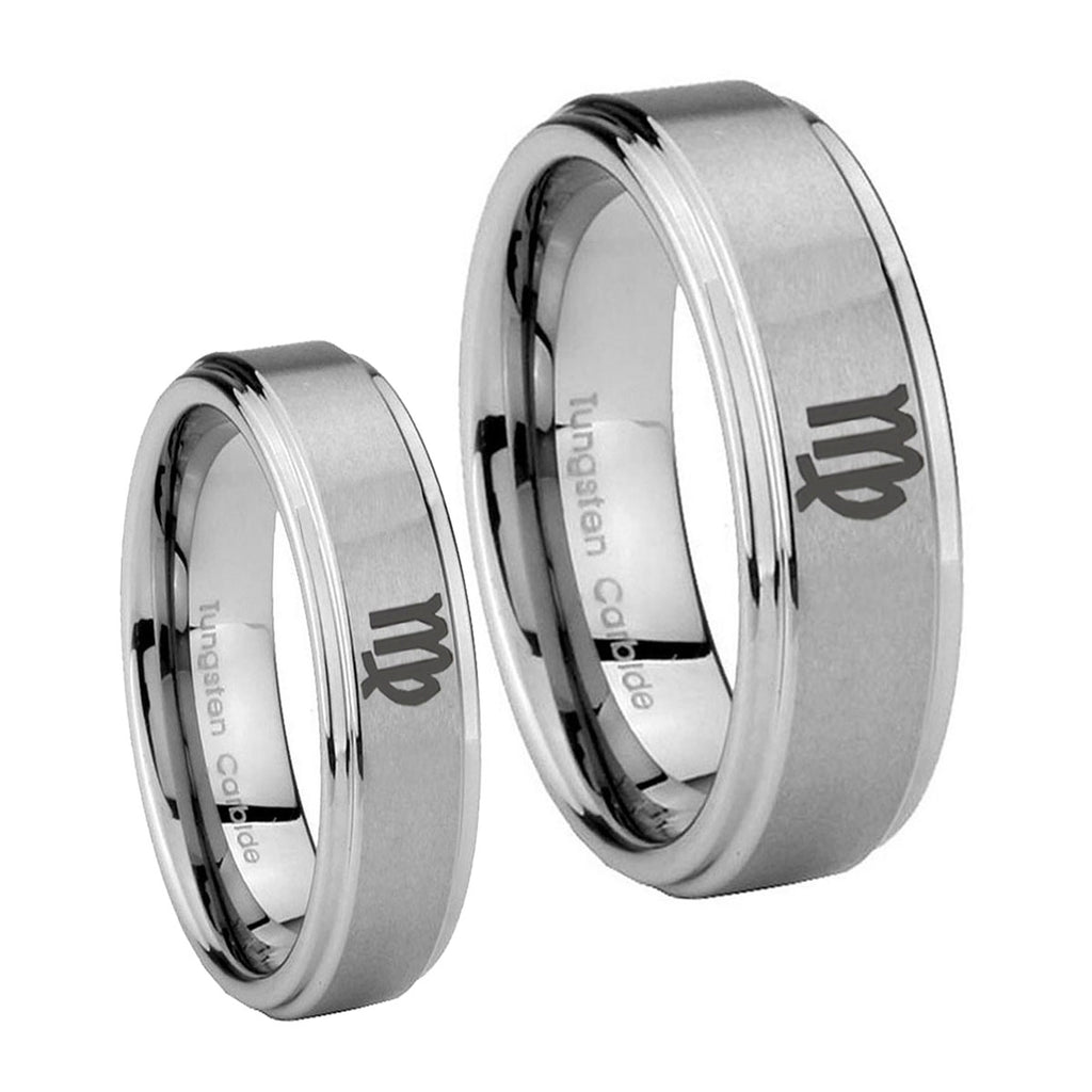 Virgo Zodiac Step Edges Brushed Tungsten His Hers Set Rings