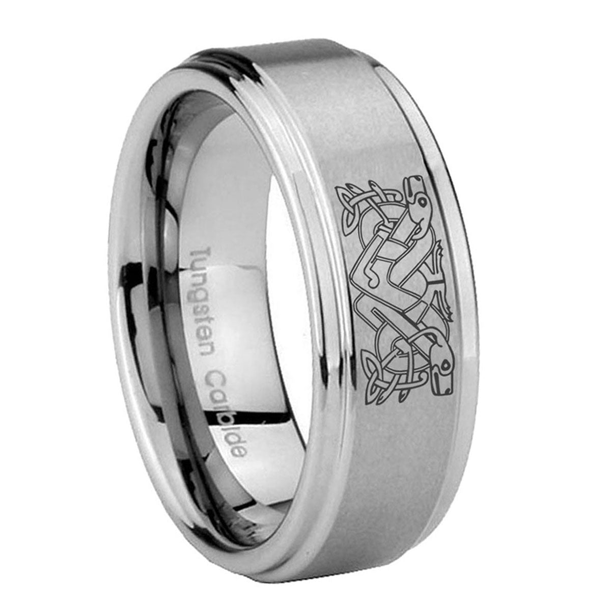 8mm Celtic Dog Step Edges Brushed Silver Tungsten Men Bands