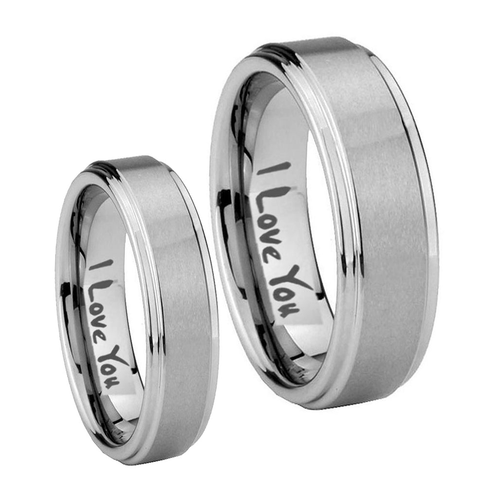 I Love You Step Edges Brushed Tungsten Couple Wedding Rings