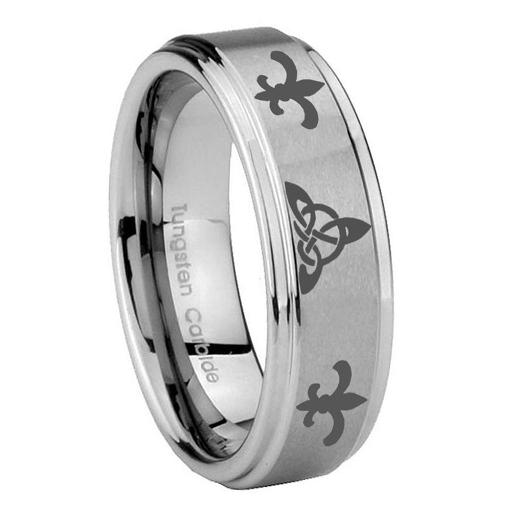 8mm Celtic Triangle Fleur-De-Lis Step Edge Silver Tungsten Band