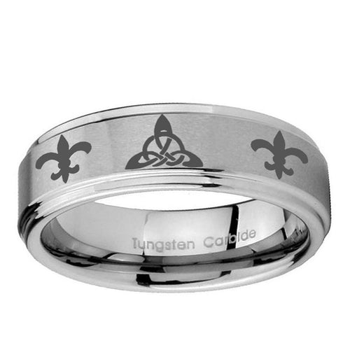 10mm Celtic Triangle Fleur-De-Lis Step Edge Brushed Tungsten Ring