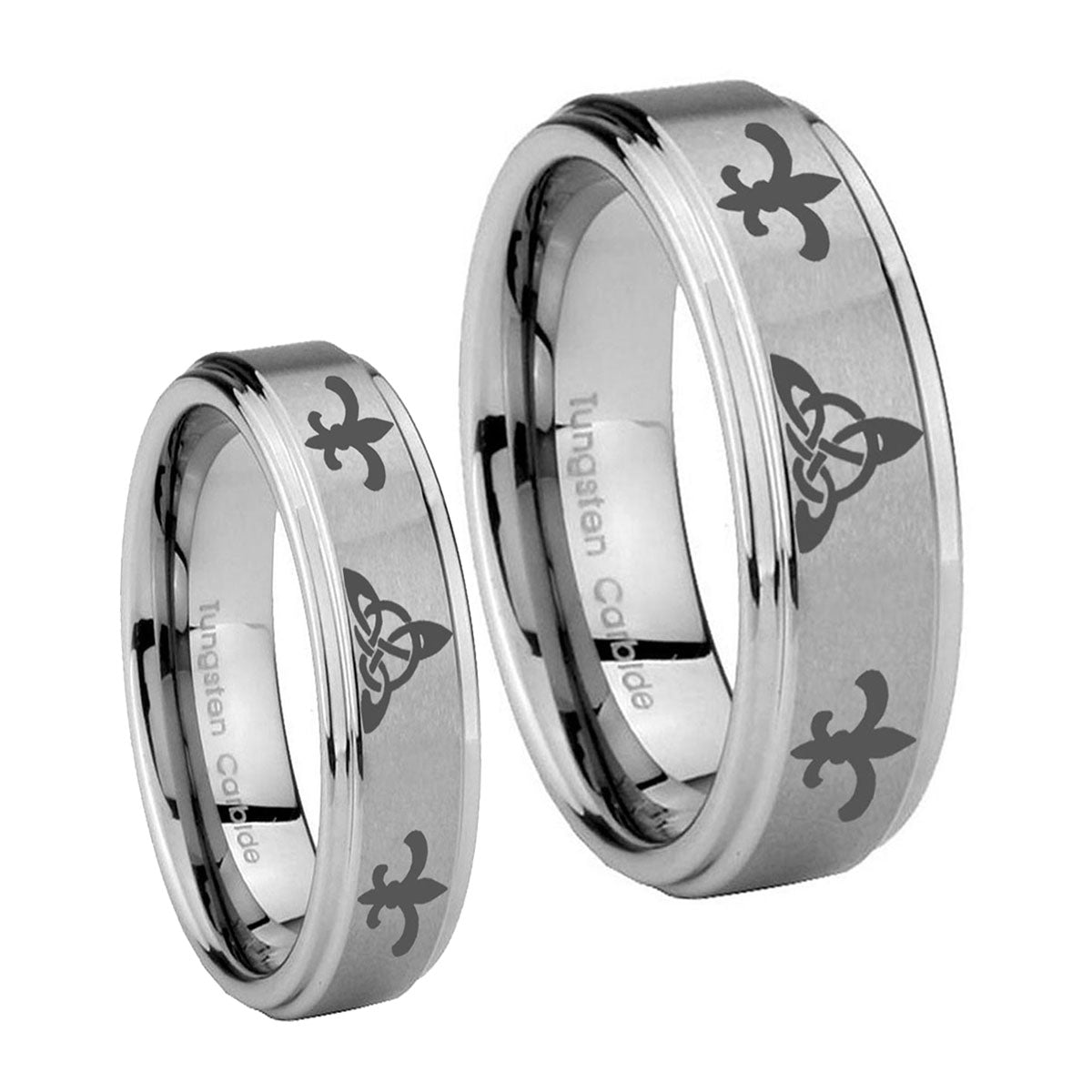 Celtic Triangle Fleur De Lis Step Edges Brushed Tungsten Mens Band Set