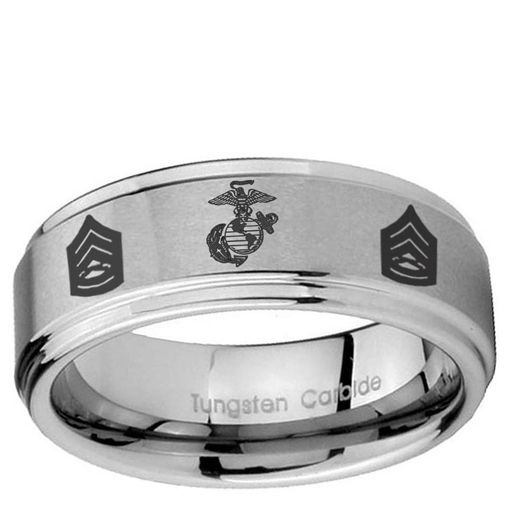 10mm Marine Army Sergeant Step Edge Brushed Tungsten Ring