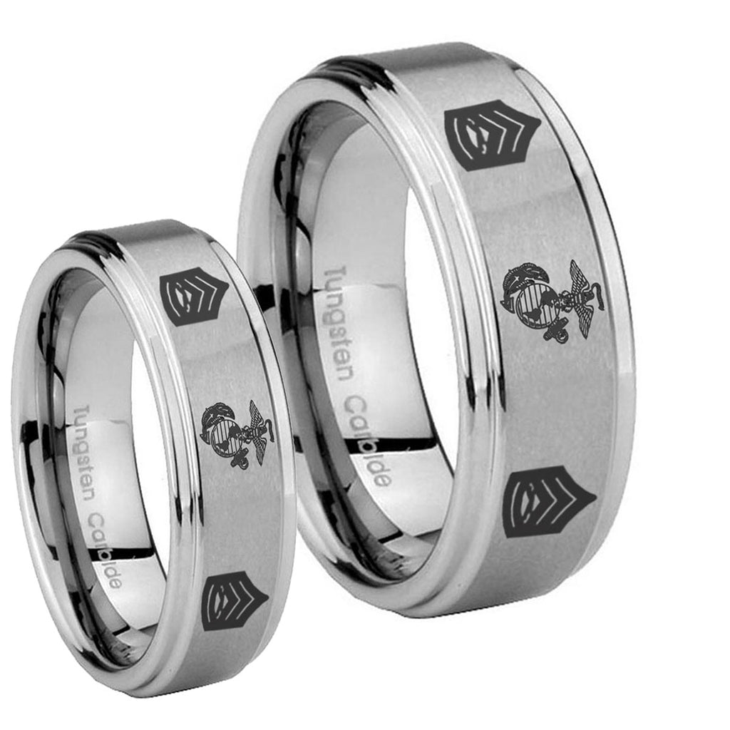 Marine Army Sergeant Step Edges Brushed Tungsten Mens Band Set