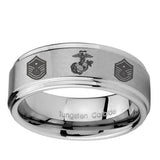 8mm-Marine-Chief-Master-Sergeant--Step-Edges-Brushed-Tungsten-Carbide-Mens-Bands-Ring