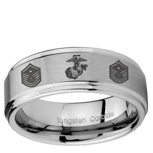 10mm Marine Chief Master Sergeant Step Edge Brushed Tungsten Carbide Promise Ring
