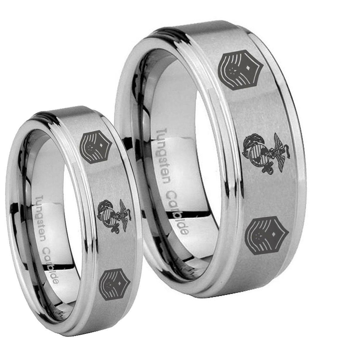 Marine Chief Master Sergeant Step Edges Brushed Tungsten Promise Ring Set