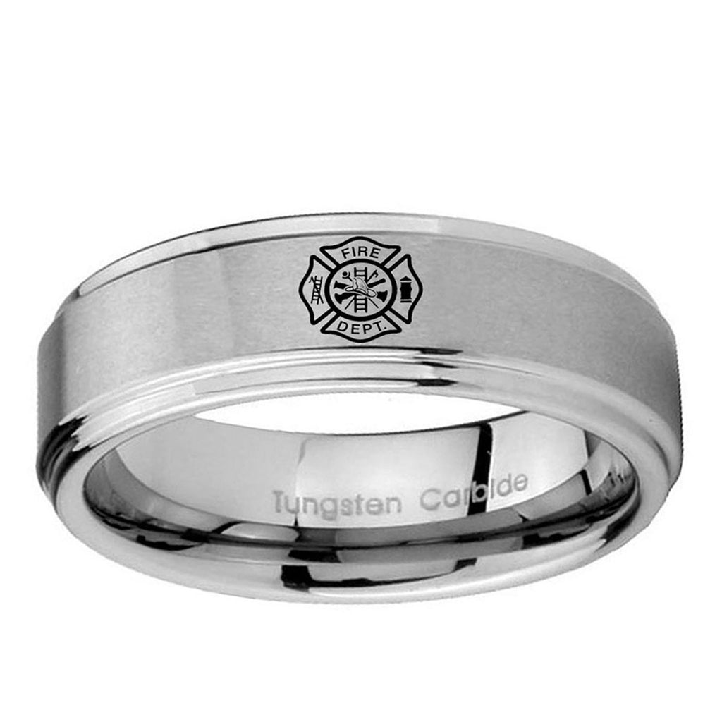 5mm Fire Department Step Edges Brushed Silver Tungsten Bands