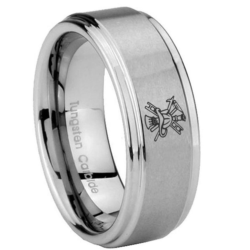 8mm Fireman Step Edges Brushed Silver Tungsten Promised Band