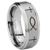 10mm-Fish-&-Cross-Step-Edges-Brushed-Tungsten-Carbide-Men's-Bands-Ring