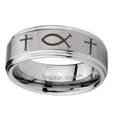 10mm-Fish-&-Cross-Step-Edges-Brushed-Tungsten-Carbide-Men's-Bands-Ring