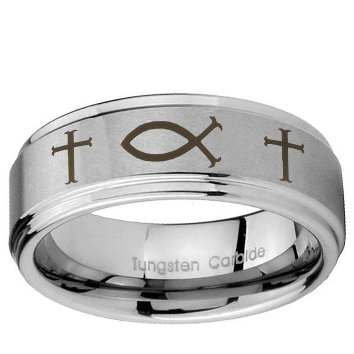 10mm Fish & Cross Step Edge Brushed Tungsten Ring