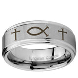 5, 8mm Fish & Cross Step Edge Brushed Tungsten Ring