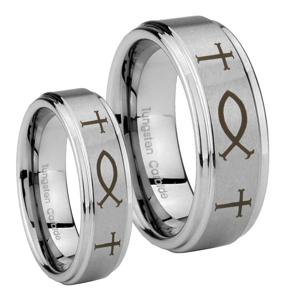 Fish & Cross Step Edges Brushed Tungsten Bridal Ring Set