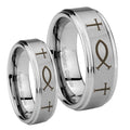Fish & Cross Step Edges Brushed Tungsten Bridal Ring Set