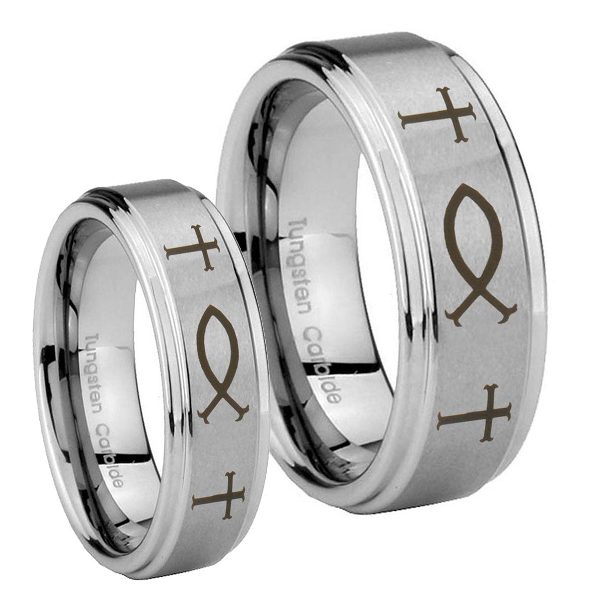 Fish & Cross Step Edges Brushed Tungsten Bridal Ring Set