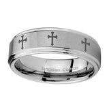 10mm-Multiple-Christian-Cross-Step-Edges-Brushed-Tungsten-Men's-Band-Ring